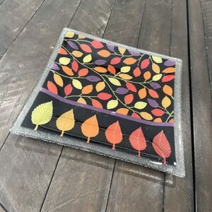 Peggy Karr Fused Art Glass‎ Brightly Colored Autumn Leaves Dish Tray 9.75"